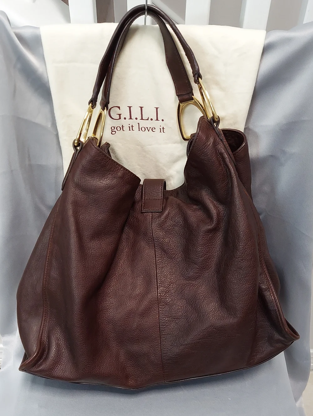 G.I.L.I. Leather Bag, Brown, Gold Stirrup Hardware, Double Handle, Tassel